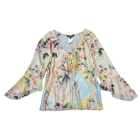 Vintage Y2K ABS Allen Schwartz Silk Floral Semi Sheer Fairy Blouse - Picture 1 of 6